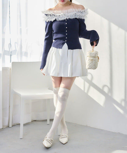 one after another 露肩網紗荷葉邊 針織上衣