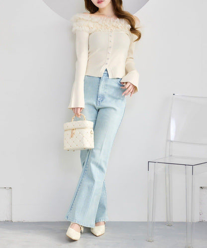 one after another 露肩網紗荷葉邊 針織上衣