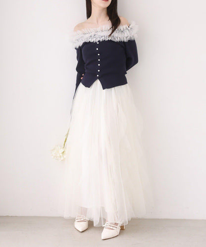 one after another 露肩網紗荷葉邊 針織上衣