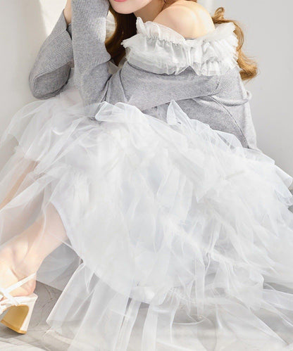 one after another 露肩網紗荷葉邊 針織上衣