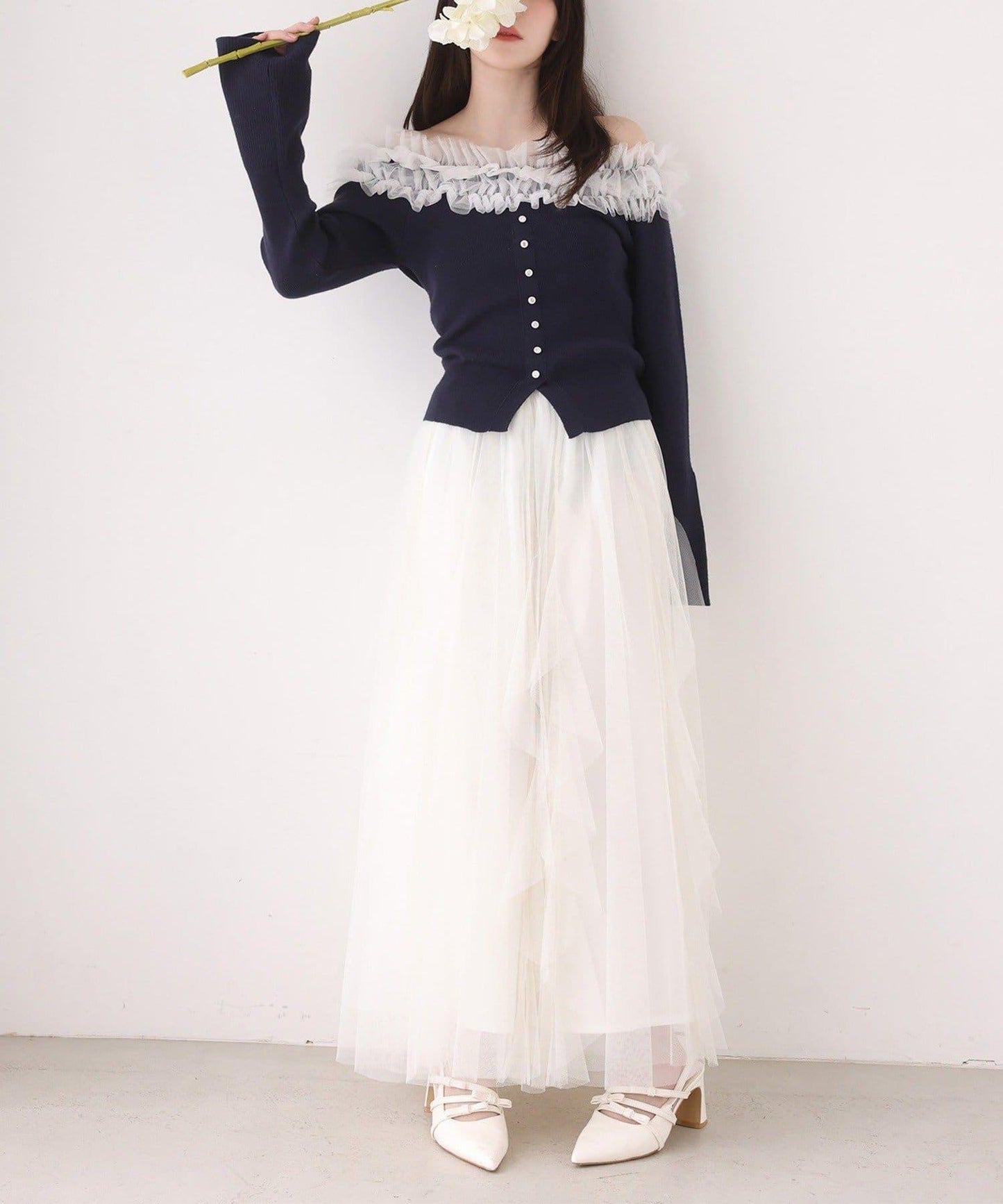 one after another 露肩網紗荷葉邊 針織上衣