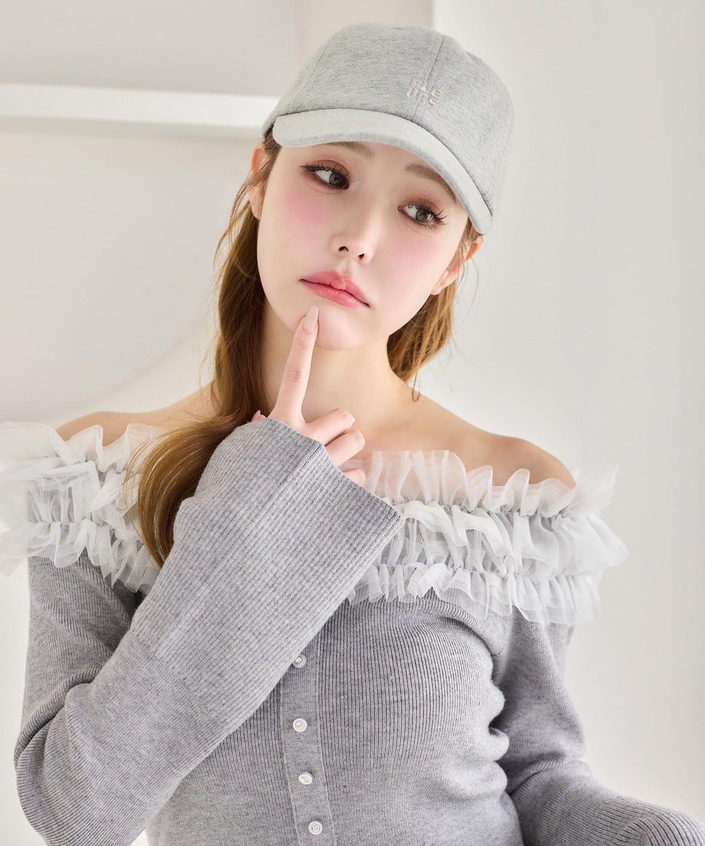 one after another 露肩網紗荷葉邊 針織上衣