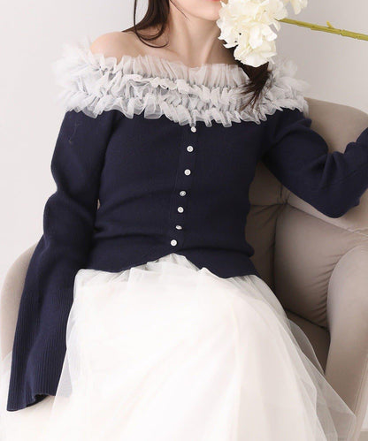 one after another 露肩網紗荷葉邊 針織上衣