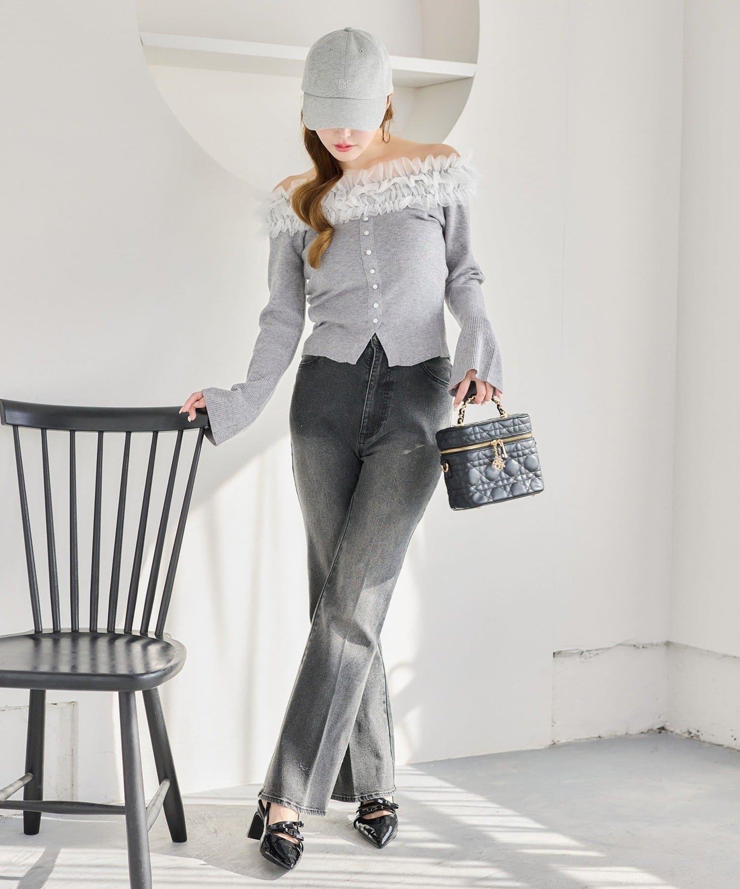 one after another 露肩網紗荷葉邊 針織上衣