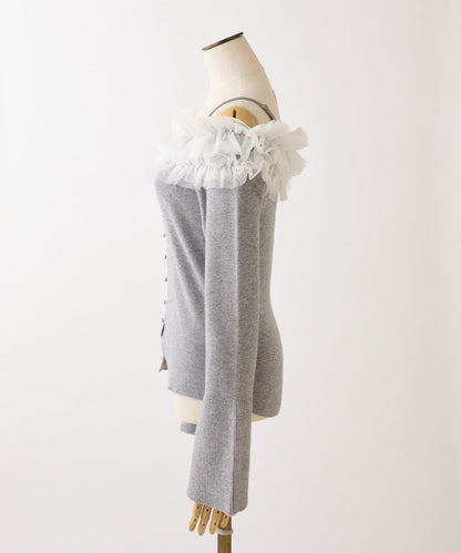 one after another 露肩網紗荷葉邊 針織上衣