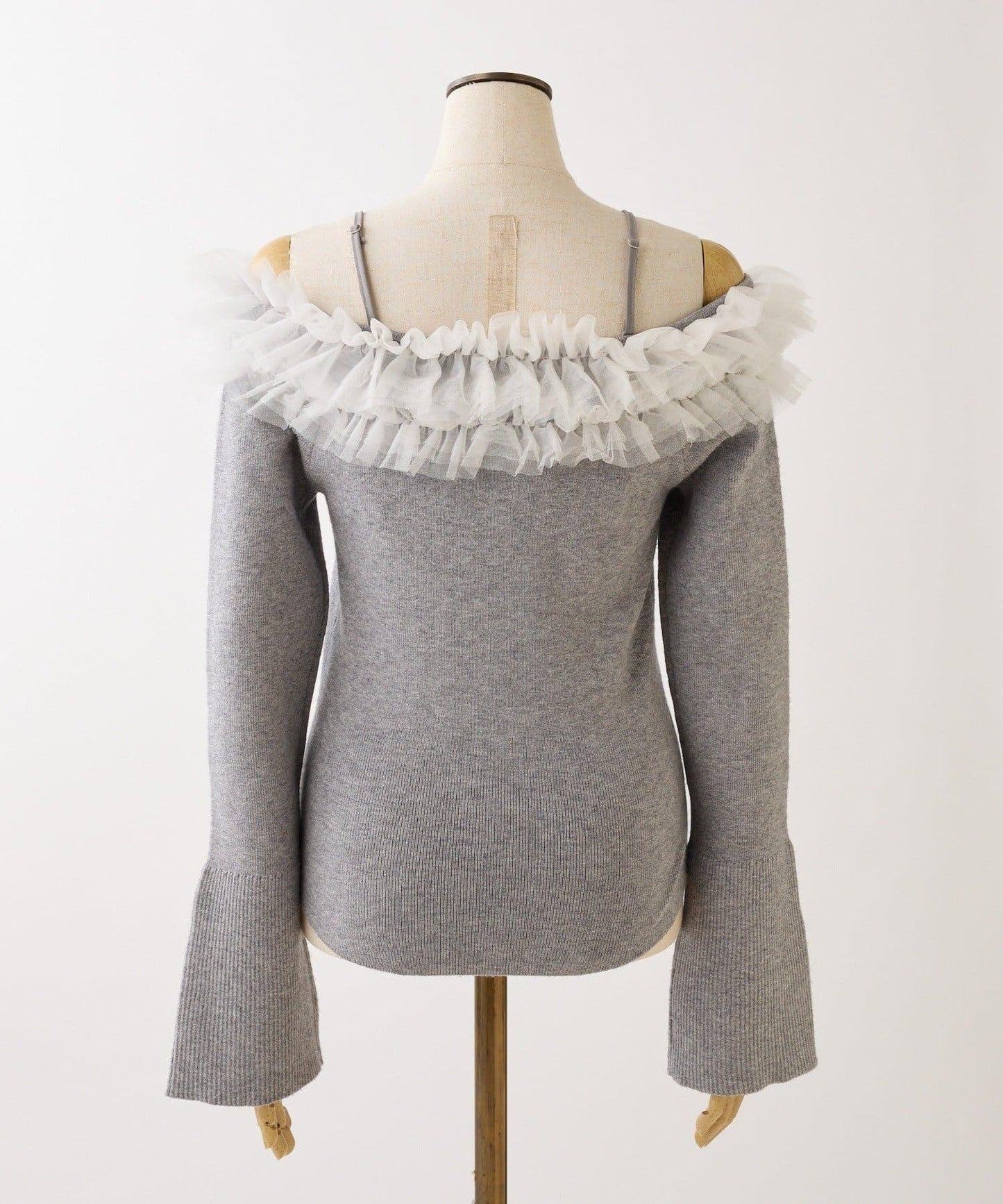 one after another 露肩網紗荷葉邊 針織上衣