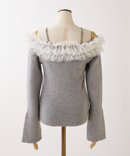 one after another 露肩網紗荷葉邊 針織上衣