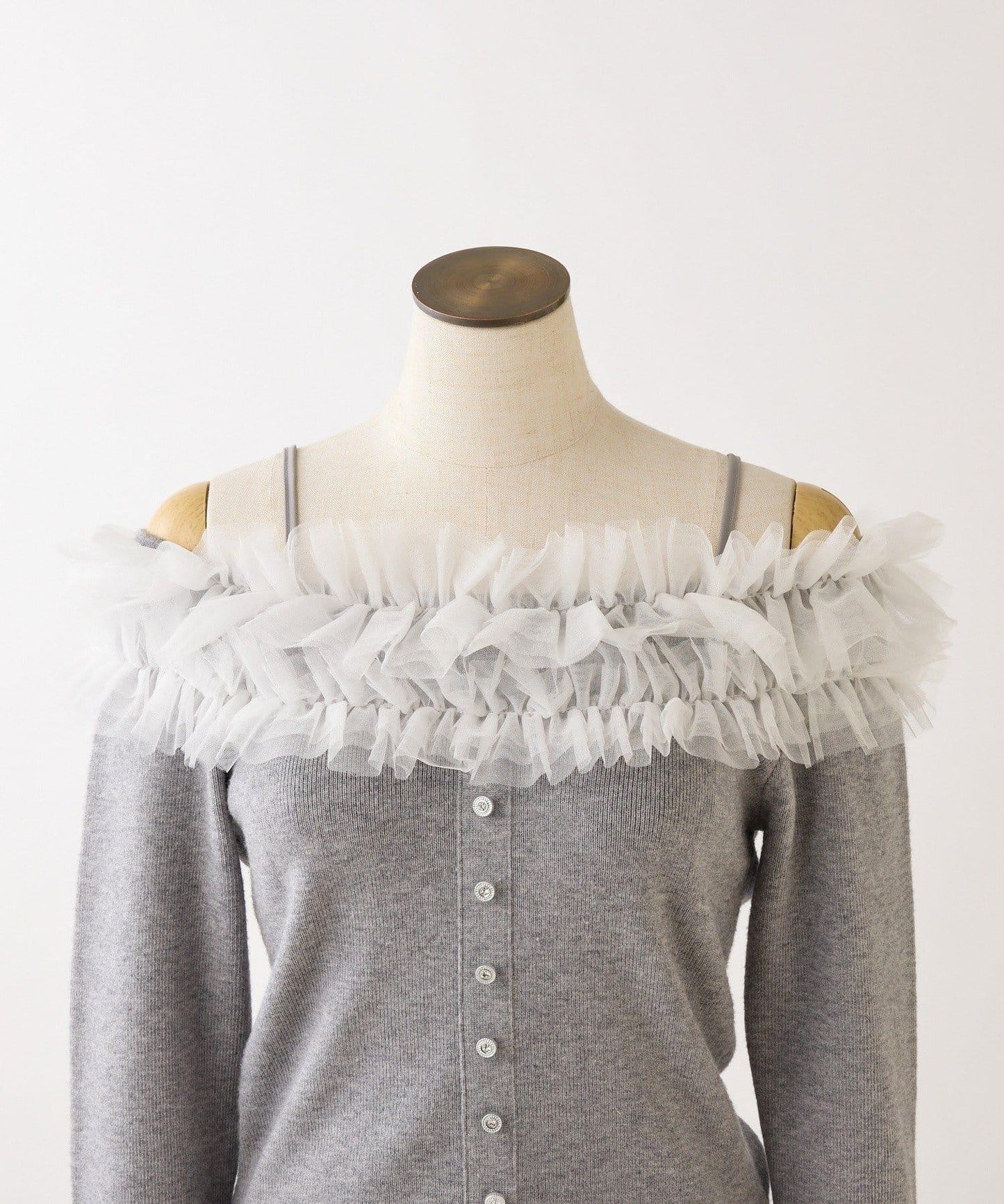 one after another 露肩網紗荷葉邊 針織上衣