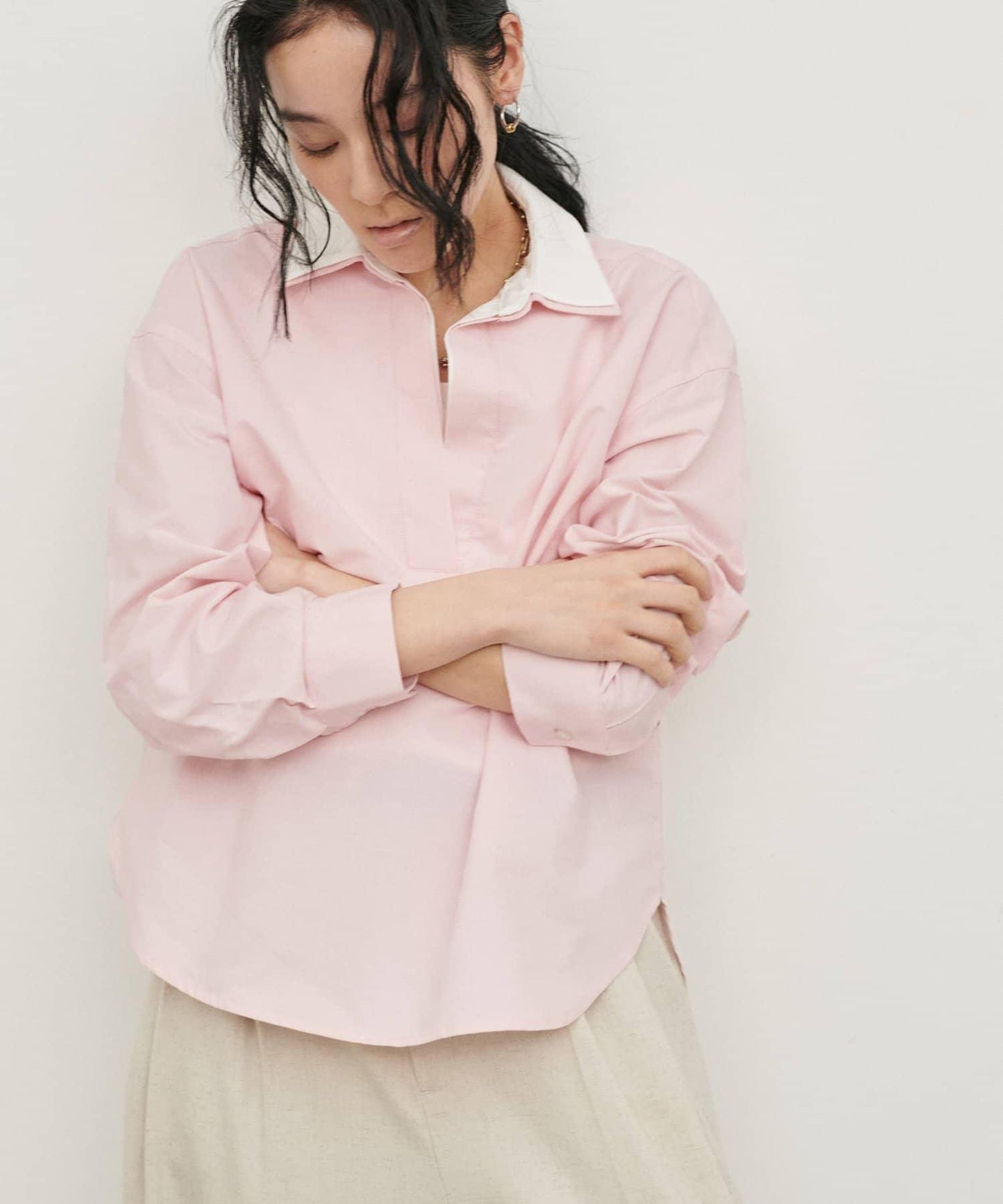 網絡限定 雙層領口 牛津布 開襟襯衫