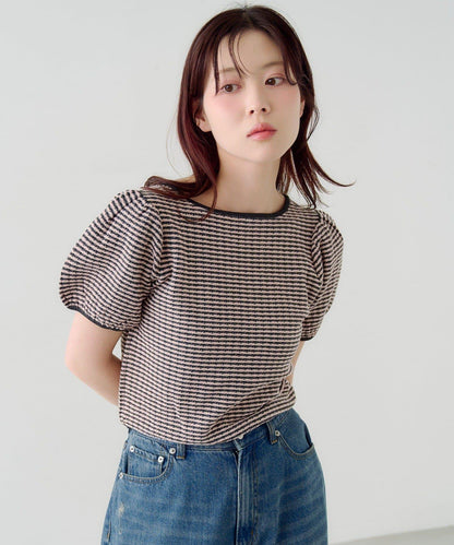 條紋泡泡袖針織短袖上衣