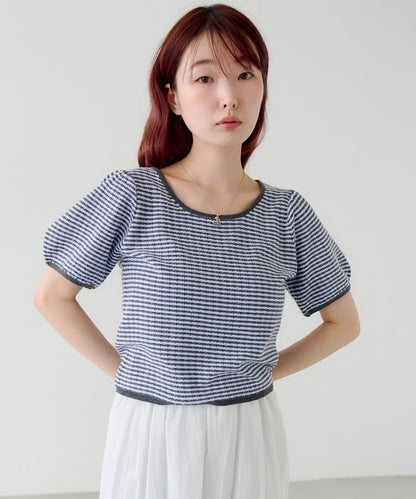 條紋泡泡袖針織短袖上衣