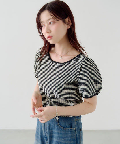 條紋泡泡袖針織短袖上衣
