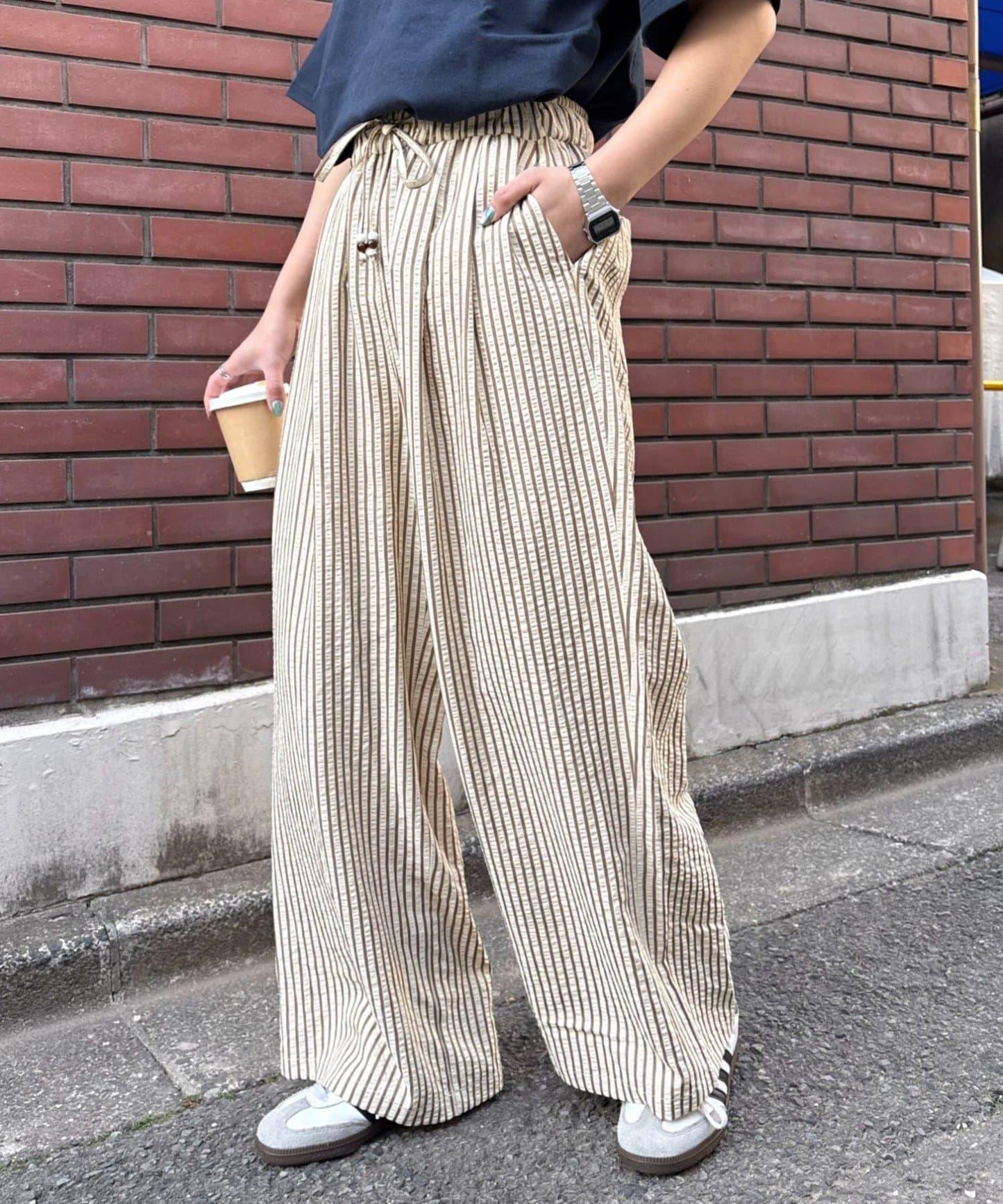 UNISEX 加大碼 條紋鬆緊 睡褲