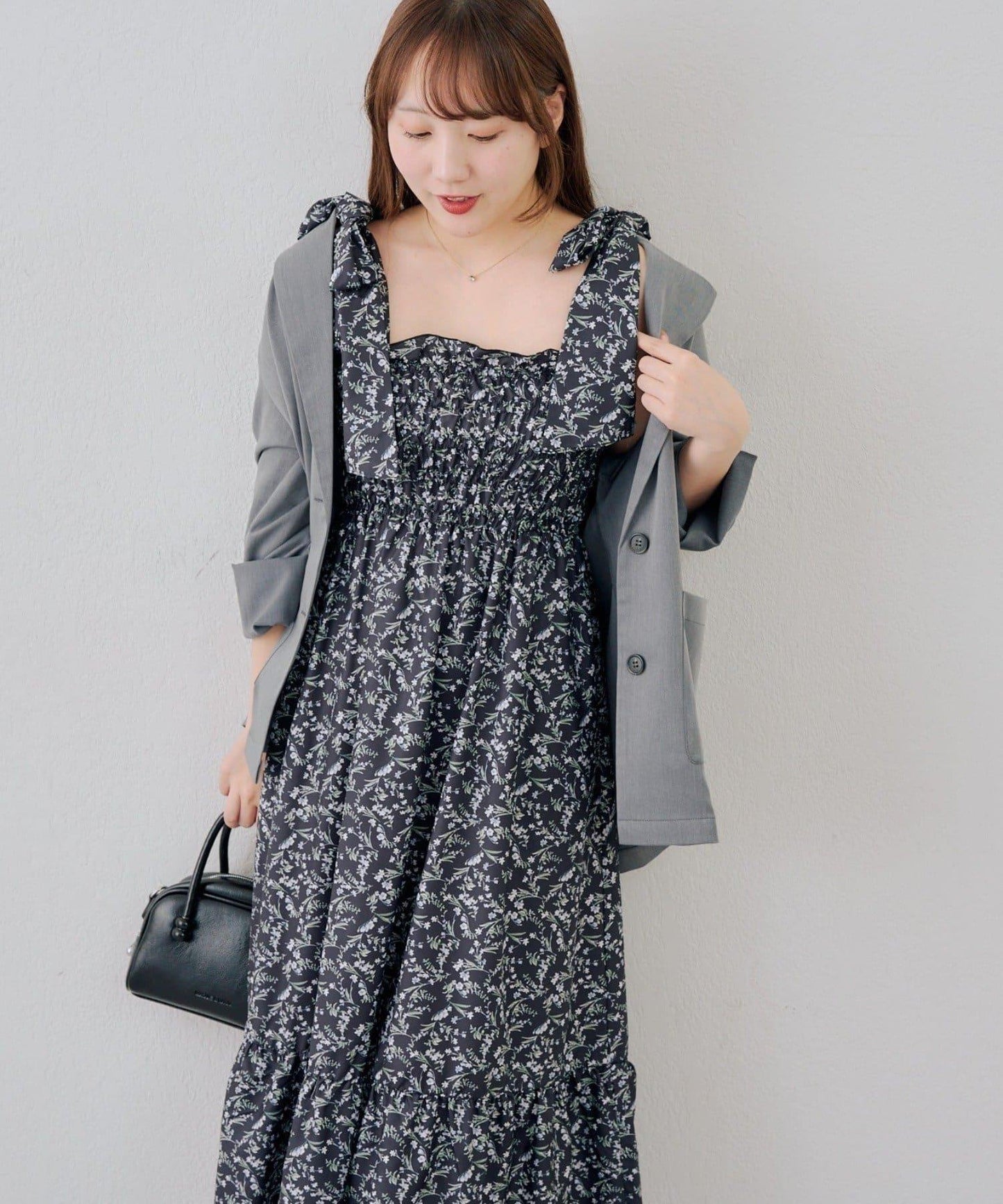 抽褶長款連衣裙