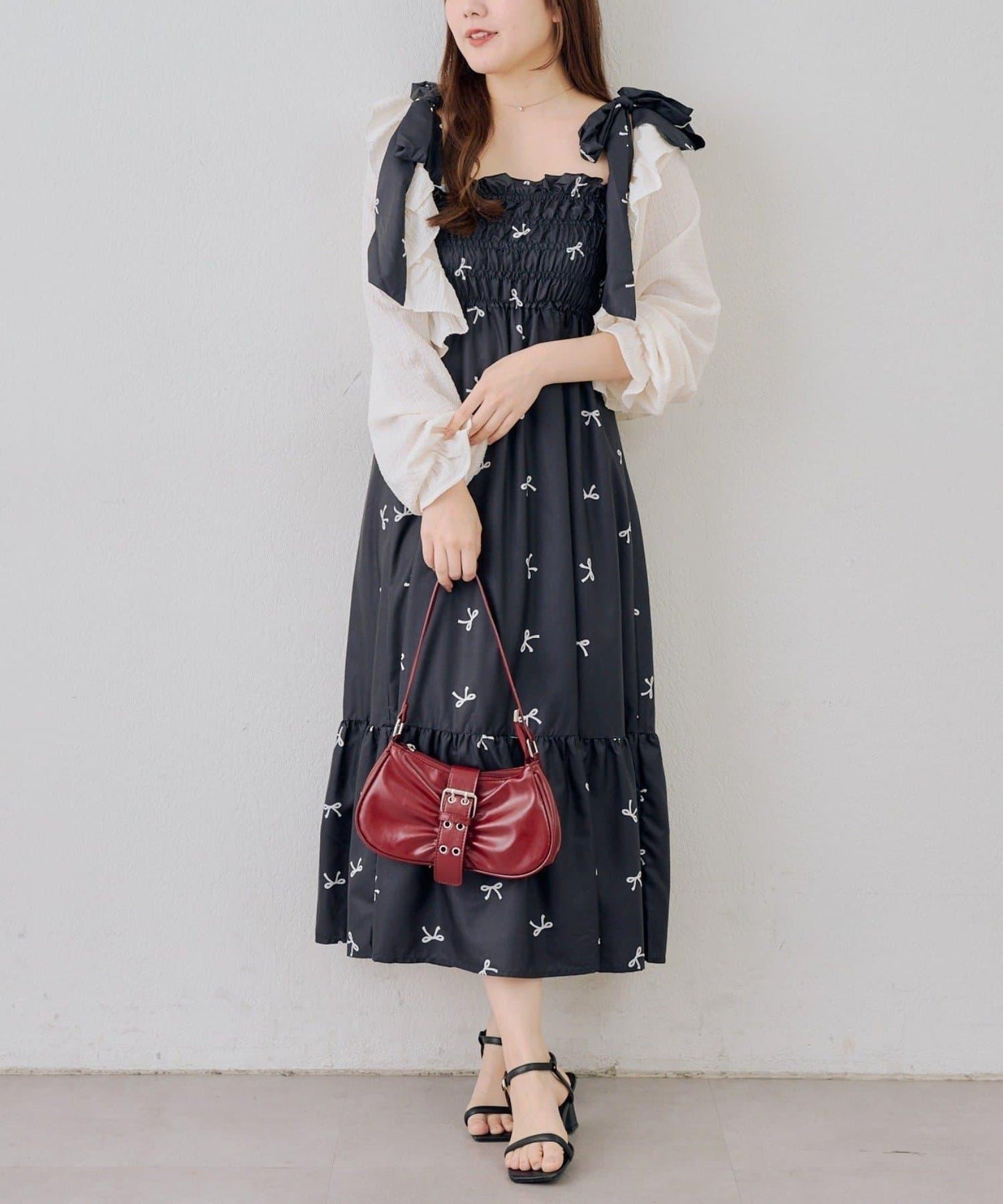 抽褶長款連衣裙