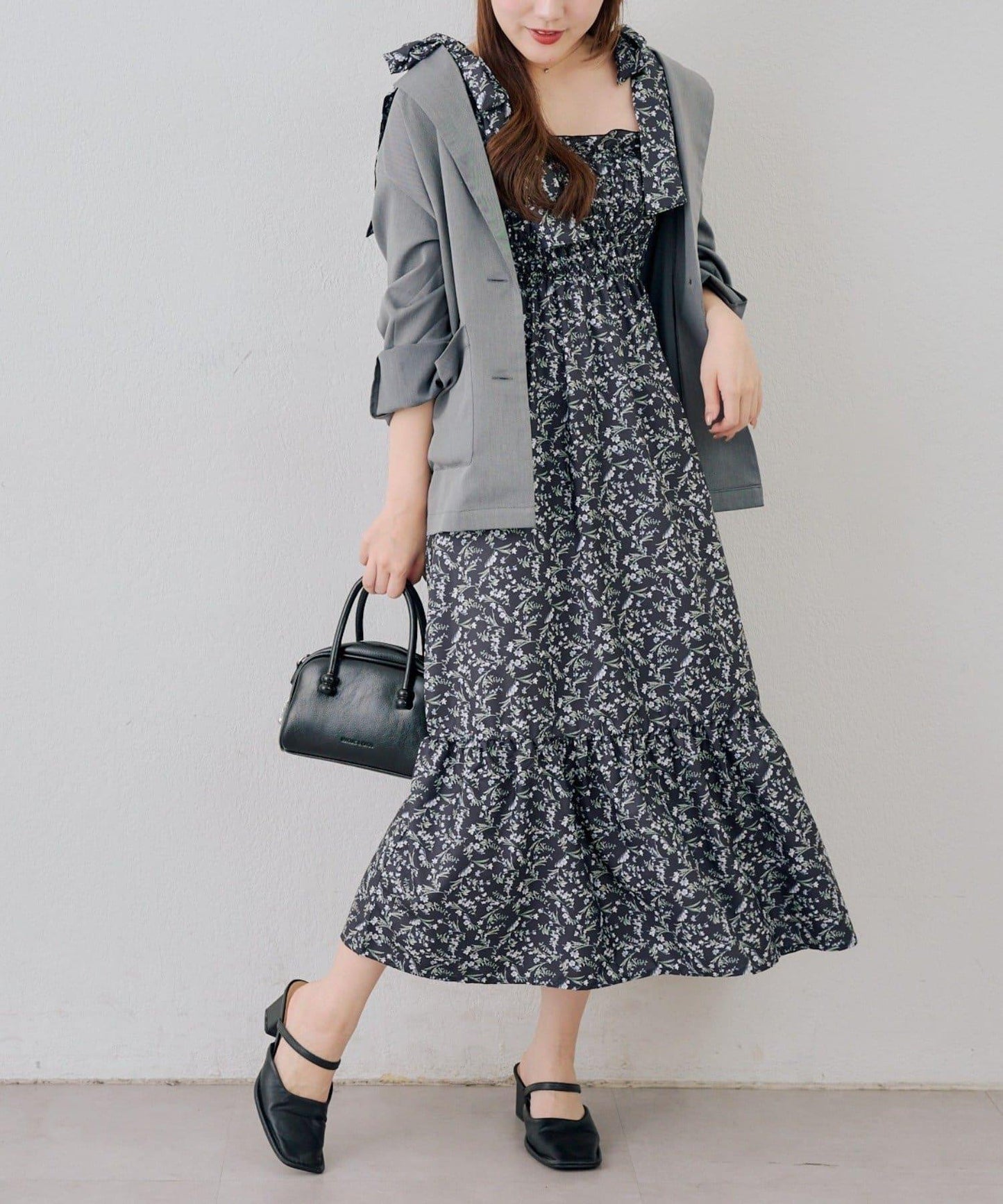 抽褶長款連衣裙