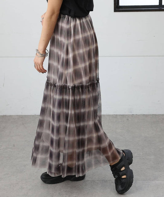 漸變格網紗半身裙