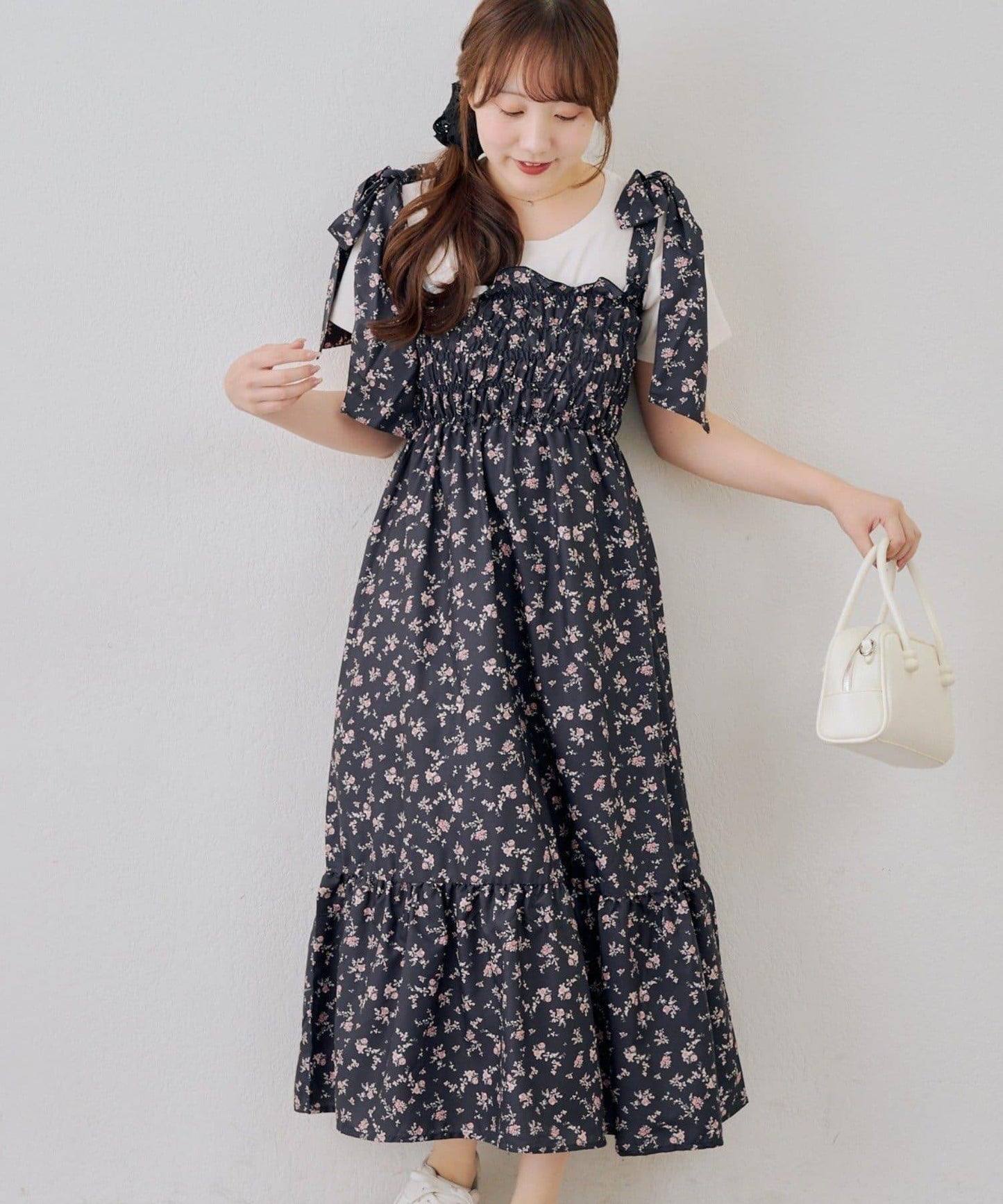 抽褶長款連衣裙