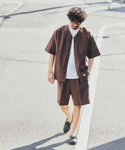 亞麻棉鬆緊休閒短褲