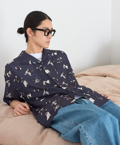 網眼材質 ＋ 寬鬆廓形 ＋ 滿版圖案設計 ＋ 開襟 ＋ 短袖襯衫 最終商品名： 網眼寬鬆廓形滿版圖案開襟短袖襯衫