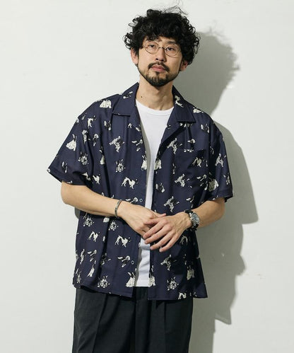 網眼材質 ＋ 寬鬆廓形 ＋ 滿版圖案設計 ＋ 開襟 ＋ 短袖襯衫 最終商品名： 網眼寬鬆廓形滿版圖案開襟短袖襯衫