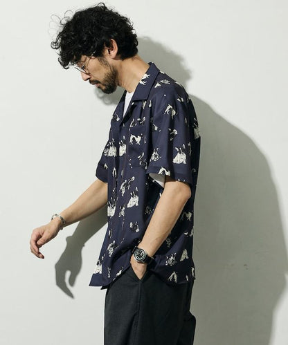 網眼材質 ＋ 寬鬆廓形 ＋ 滿版圖案設計 ＋ 開襟 ＋ 短袖襯衫 最終商品名： 網眼寬鬆廓形滿版圖案開襟短袖襯衫