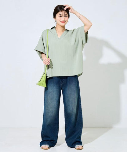 尼龍皺感法式袖襯衫