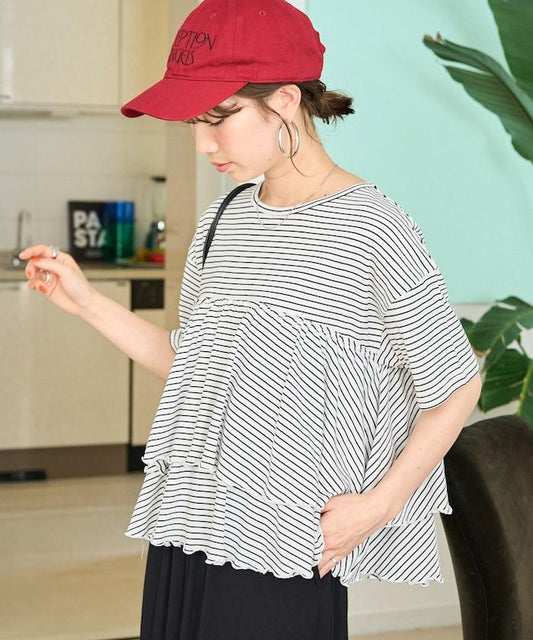 條紋荷葉邊拼接短袖上衣