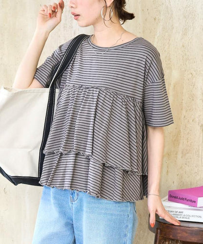 條紋荷葉邊拼接短袖上衣