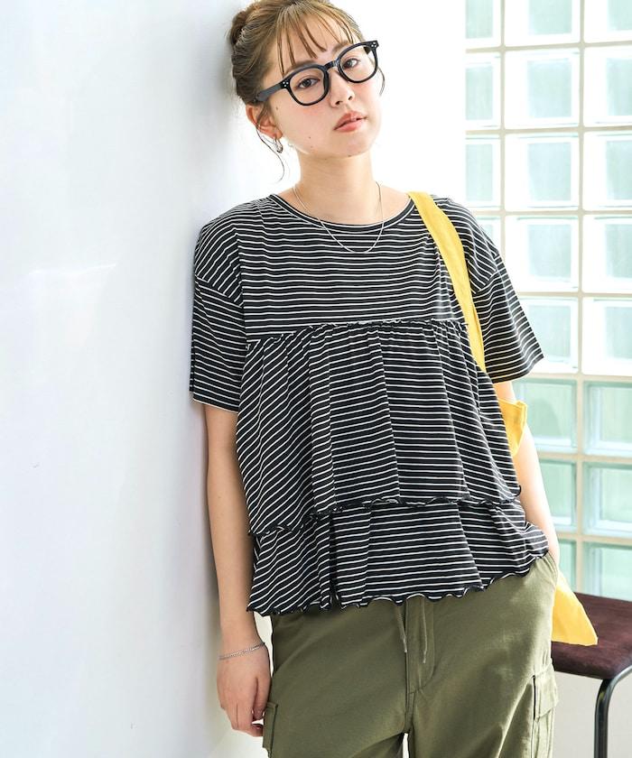 條紋荷葉邊拼接短袖上衣