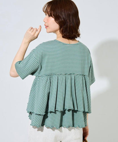 條紋荷葉邊拼接短袖上衣
