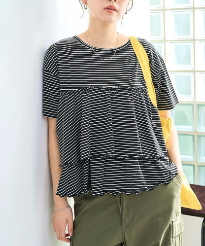 條紋荷葉邊拼接短袖上衣