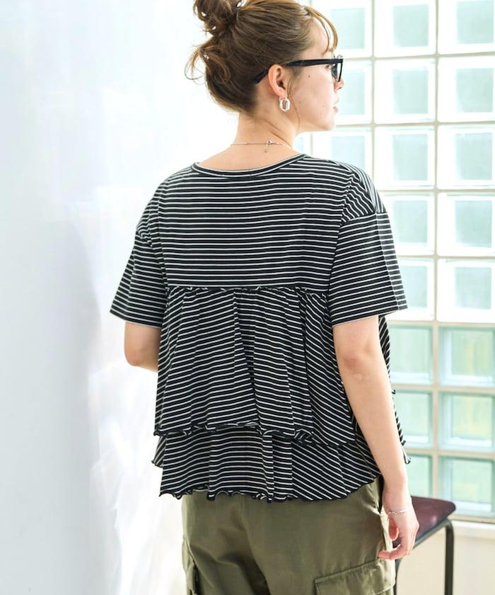 條紋荷葉邊拼接短袖上衣