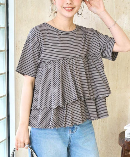 條紋荷葉邊拼接短袖上衣