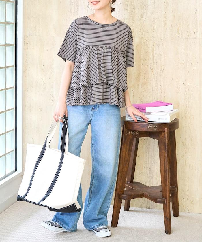 條紋荷葉邊拼接短袖上衣