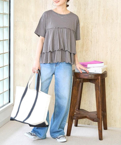 條紋荷葉邊拼接短袖上衣