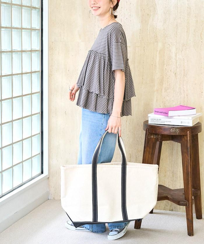 條紋荷葉邊拼接短袖上衣