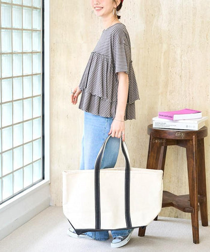 條紋荷葉邊拼接短袖上衣