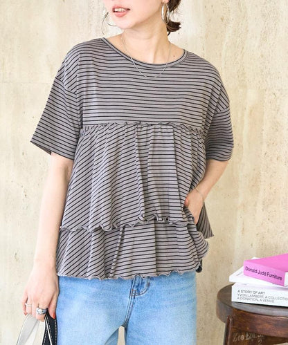 條紋荷葉邊拼接短袖上衣