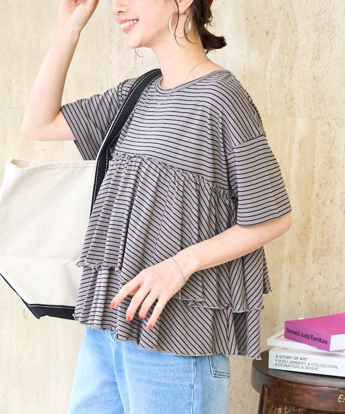 條紋荷葉邊拼接短袖上衣