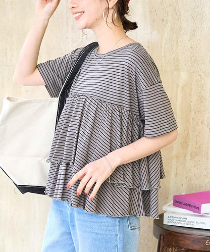 條紋荷葉邊拼接短袖上衣