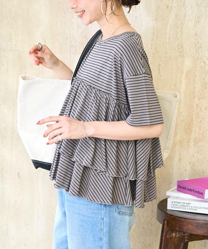 條紋荷葉邊拼接短袖上衣