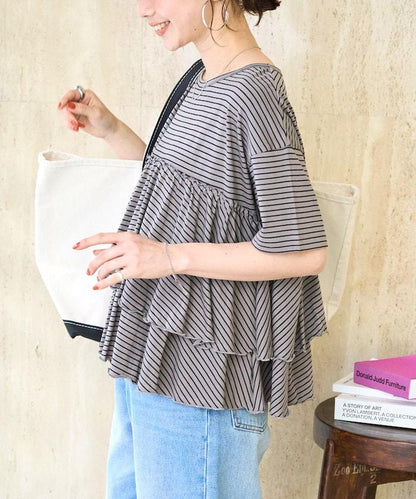 條紋荷葉邊拼接短袖上衣