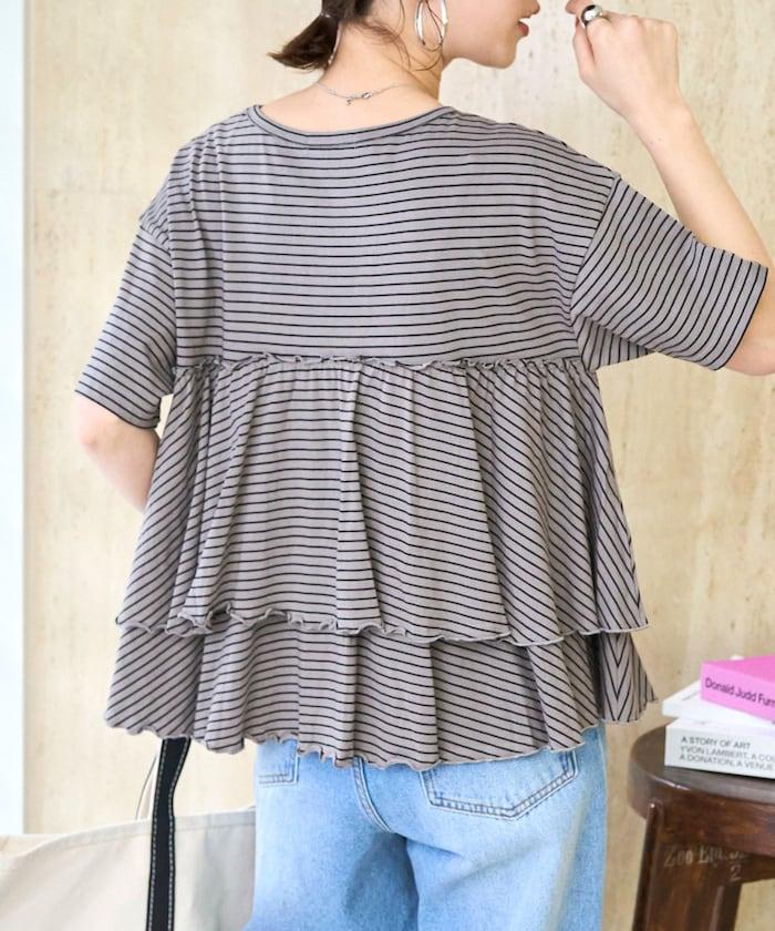 條紋荷葉邊拼接短袖上衣