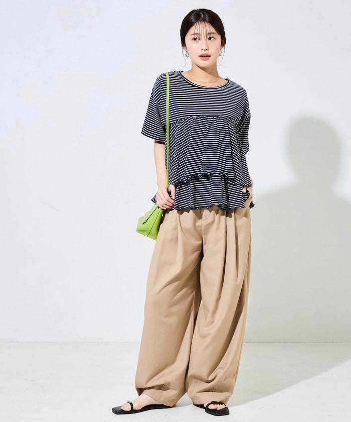 條紋荷葉邊拼接短袖上衣