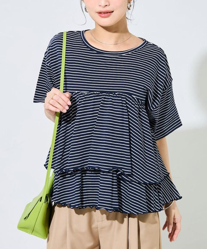條紋荷葉邊拼接短袖上衣