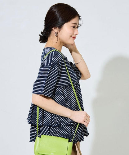 條紋荷葉邊拼接短袖上衣
