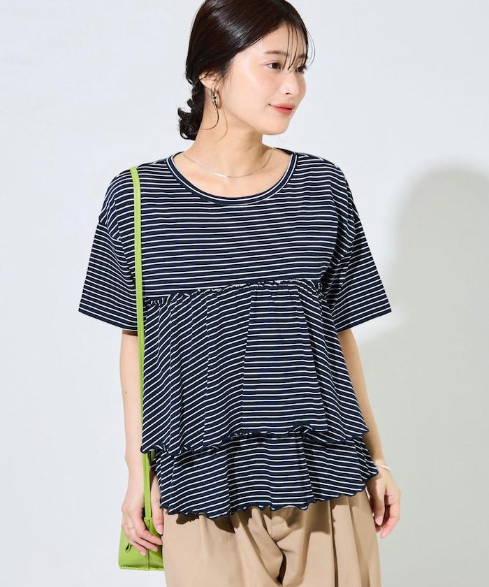 條紋荷葉邊拼接短袖上衣
