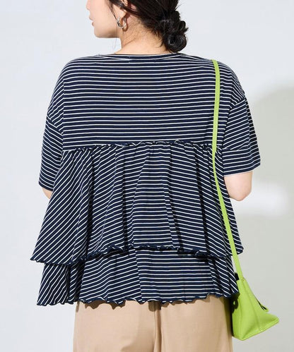 條紋荷葉邊拼接短袖上衣
