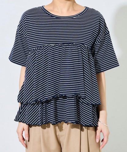 條紋荷葉邊拼接短袖上衣